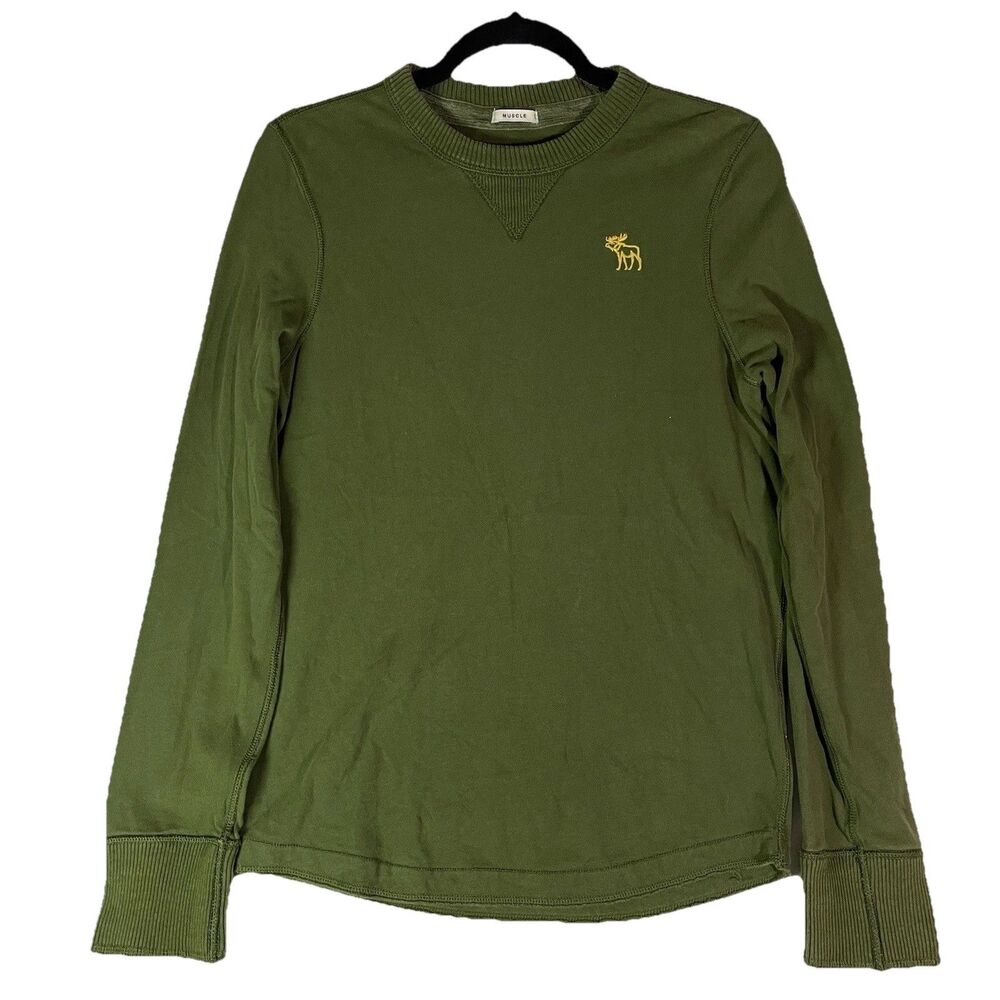 Abercrombie & Fitch Olive Green Long Sleeve Crew Tee with Yellow Logo